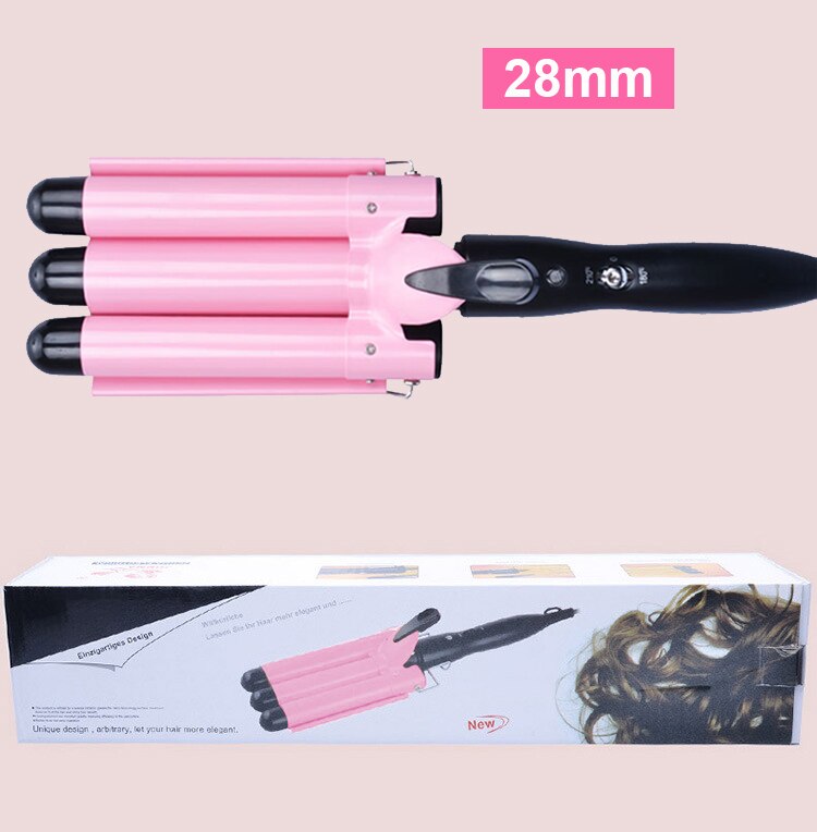 Women Hair Curler Automatic 3 Barrels Curler Deep Barrel Hair Waver Hair Curling Iron Wand Styling Tools for Long Hair: pink 28cm / UK