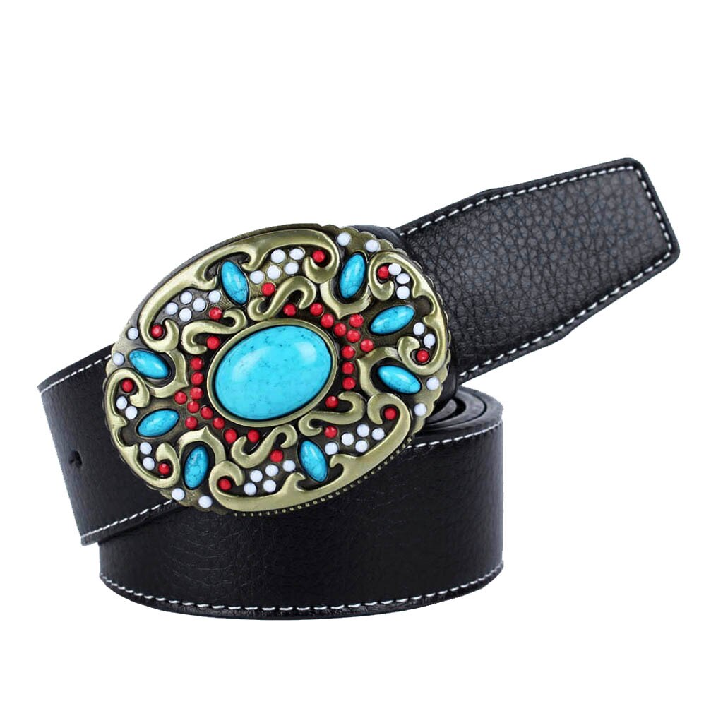 Black Belt Colorful Turquoise Buckle Western Leather Belt Indian Mens 110-125cm/3.8cm Width