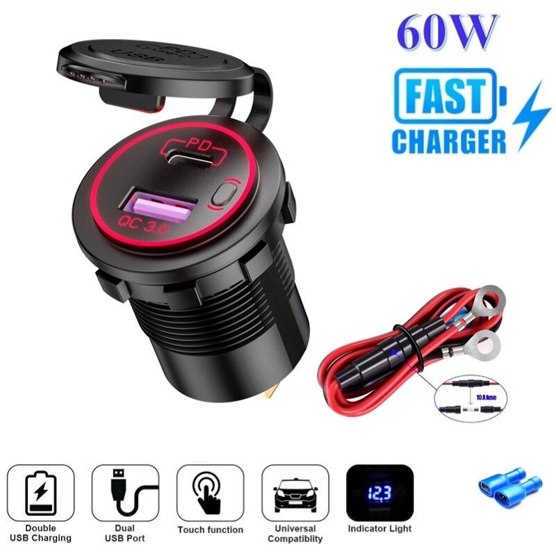 60w pd type c /qc 3.0 usb-laturi painikekytkimellä led volttimittarin pistorasia pikalataus 12v 24v auton kuorma-auton moottoripyörän rv:lle