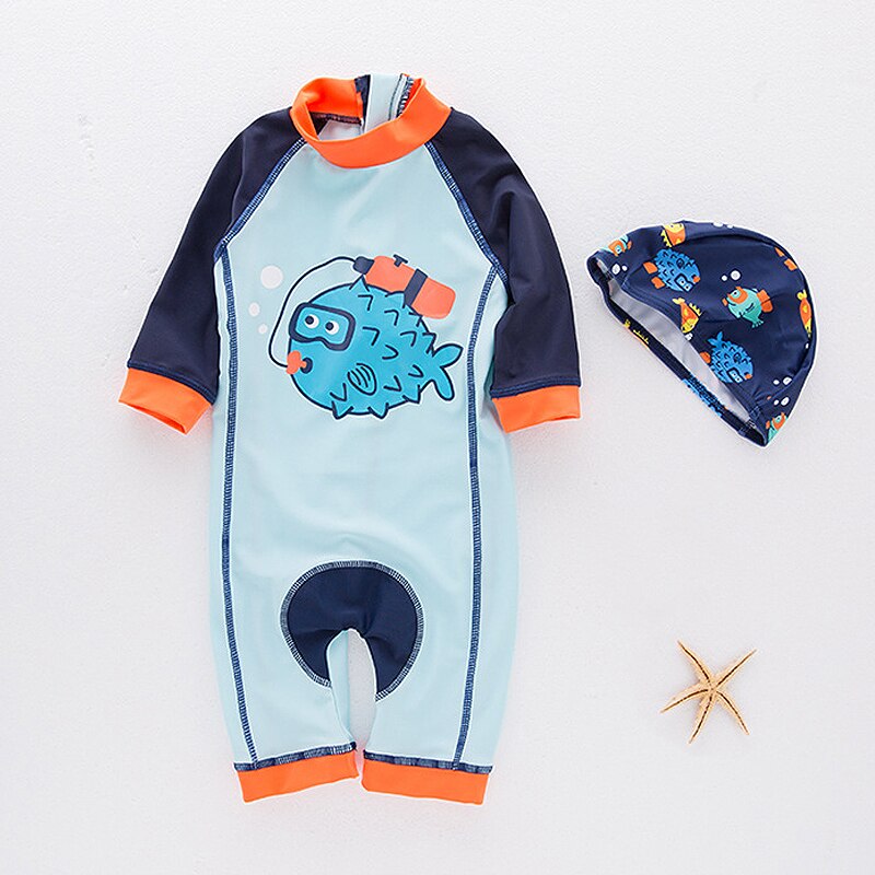 Bonito do bebê meninos maiô com padrão dos desenhos animados criança maiô crianças roupa de banho uma peça terno de natação para crianças