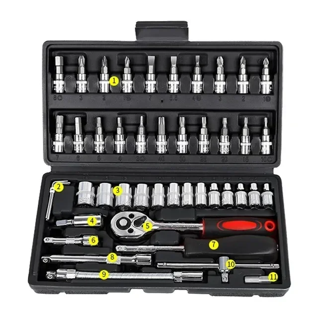 Kit de herramientas de reparación de automóviles 46/53 unid/set juego de enchufes de 1/4 pulgadas herramienta de reparación de automóviles llave dinamométrica de trinquete Combo juego de herramientas de reparación de automóviles: YELLOW