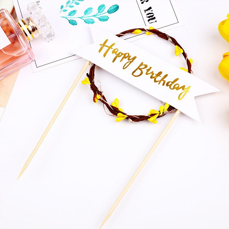 LED Glowing Flower Wreath Cake Topper Happy Birthday Cake Decor for Birthday Party Gold Leaves Cake Toppers: B