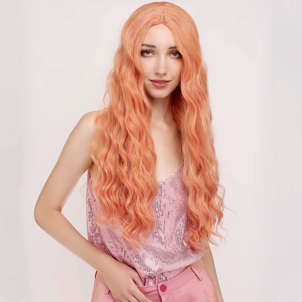 X-lokket syntetisk oransje farget parykk cosplay parykker til kvinner 26 tommer lang vannbølgeparykk varmebestandig hår: R3567