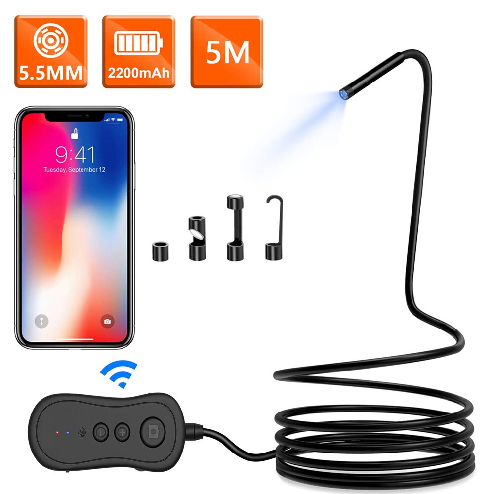 Endoscope de WiFi de la longueur 5.0MP de câble de 5M, caméra d'inspection de HD IP67 imperméabilisent le câble Semi-rigide de serpent d'endoscope sans fil 6 LED PQ303