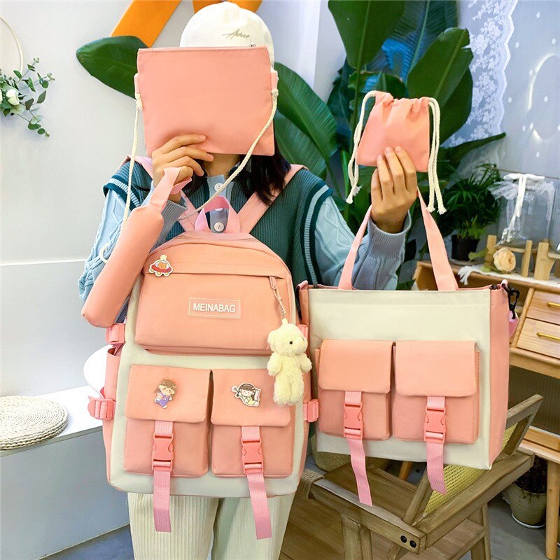 5 Stck einstellen Kontrast Farbe Frauen Rucksack Mehrere Taschen Große Kapazität Schule Tasche Für Mädchen Nylon Wasserdichte Reise Rucksäcke