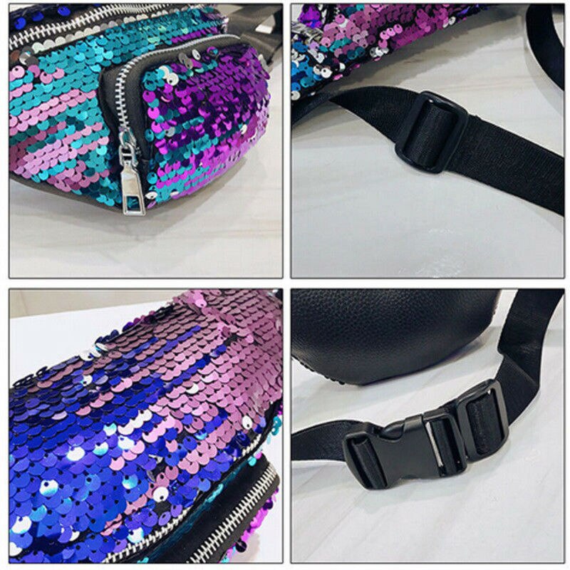 Women Girls Sequins Glitter Waist Bag Fanny Pack Pouch Hip Purse Girlfriend Cool Coin Crossbody Shouder Waist Pack