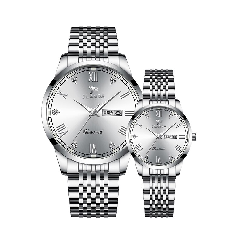 Reloj de lujo para parejas, relojes de pulsera de cuarzo dorados de , de acero inoxidable, analógicos, para mujeres y hombres: Silver White
