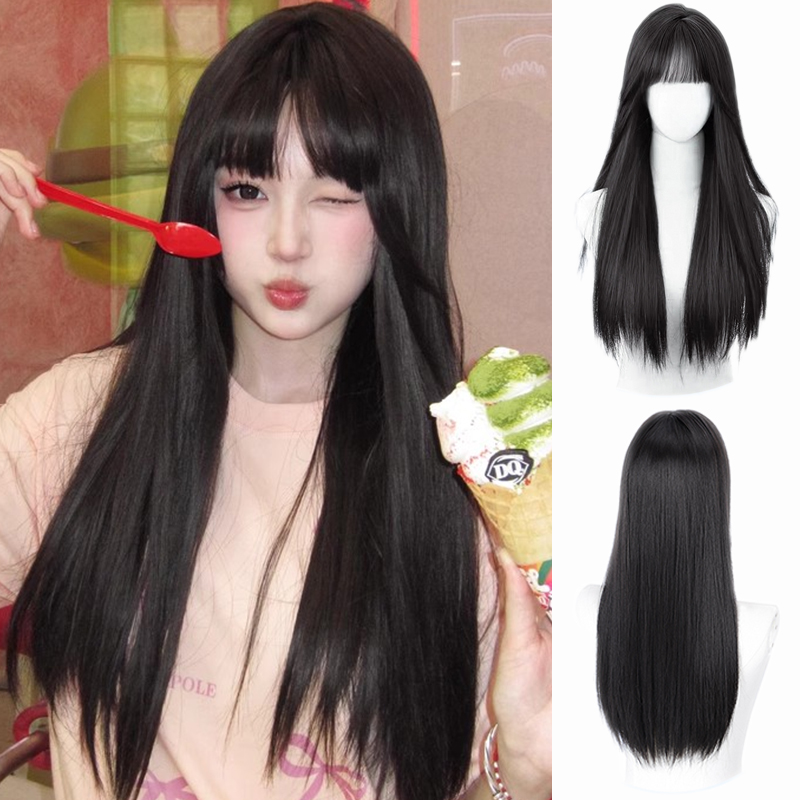 Synthetische 60 cm koreanische schwarze lange glatte Haarperücke synthetische natürliche lange glatte Haare mit Pony Perücke: #1