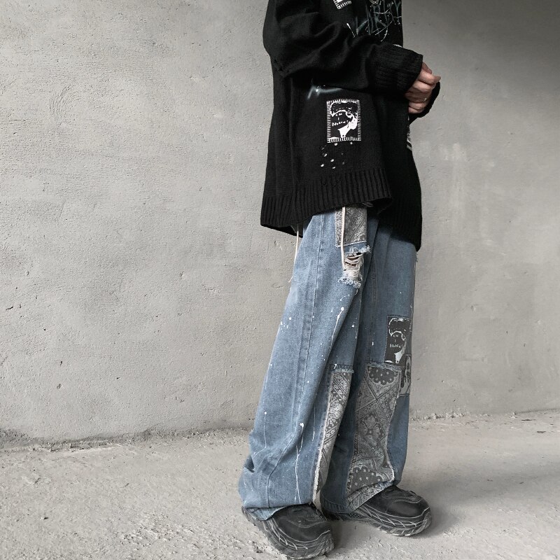 UNCLEDONJM Cashew Flower Patchwork jeans denim black jeans men baggy jeans women Graffiti hip hop jeans loose men clothing Ygh01