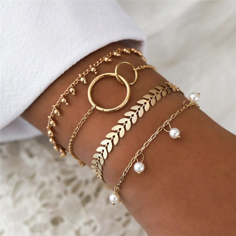 WUKALO Charm 4 stks/set Damesmode Kristal Cirkel Blad Ketting Gouden Kleur Gesimuleerde Parel Armband Set Party Bruiloft Sieraden