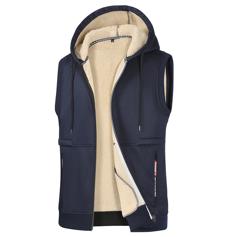 Otoño Invierno, chaleco con capucha de lana de cordero para hombre, chaqueta para hombre, chalecos de , chaleco cálido de lana de , abrigos, chaleco grueso para hombre: XS / Castaño