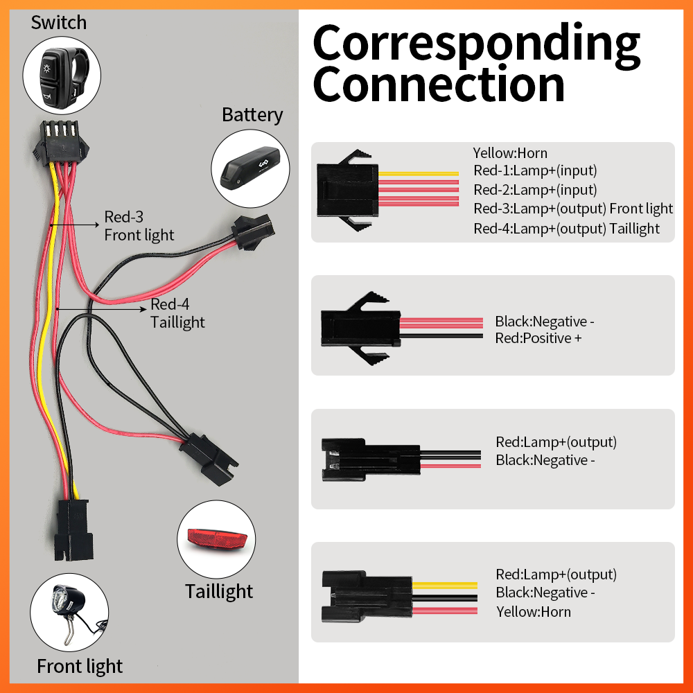 Electric Bicycle 24V-60V Headlight and Tail Light Horn DK226 Switch Cable Parts Rubber Ebike Parts Accessories