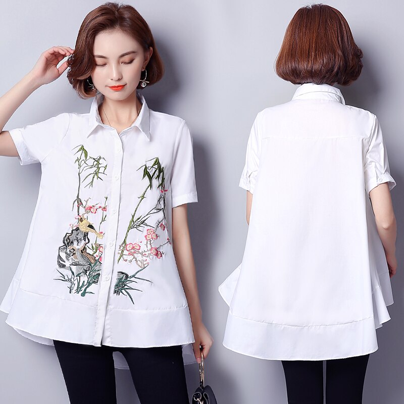 été nouvelle chemise ample revers Code femmes fleur chemise broderie coton maternité chemise