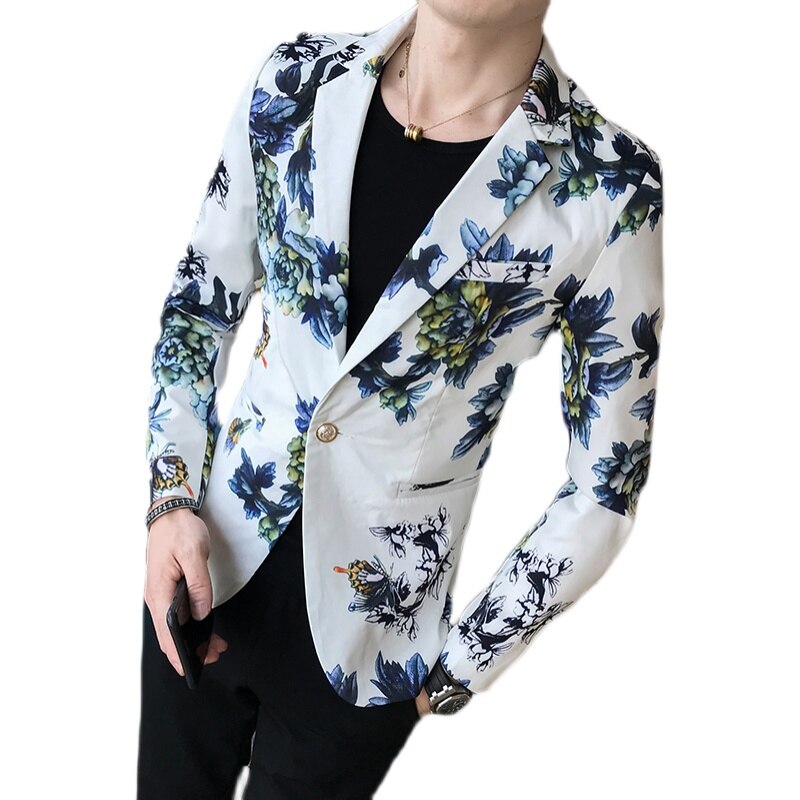 High-end personlighet blommig kostym jacka män, trend nattklubb frisör slim printed kostym, natt scen kostymer