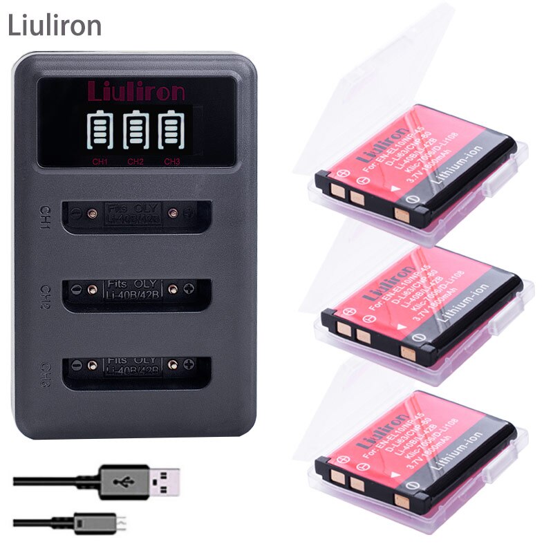 4x Li-40B Li 40B 42B batería + cargador para Olympus Li-42B NP-45 para Nikon EN-EL10 D-Li63 D-Li108 NP-80 CNP80 KLIC-7006: charger and 3battery