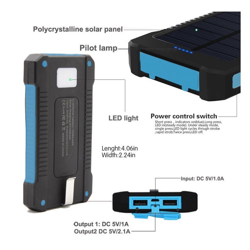 Universal Portable Waterproof Solar Power Bank 20000mah Dual-USB Solar Battery Charger for All mobilePhone Battery case