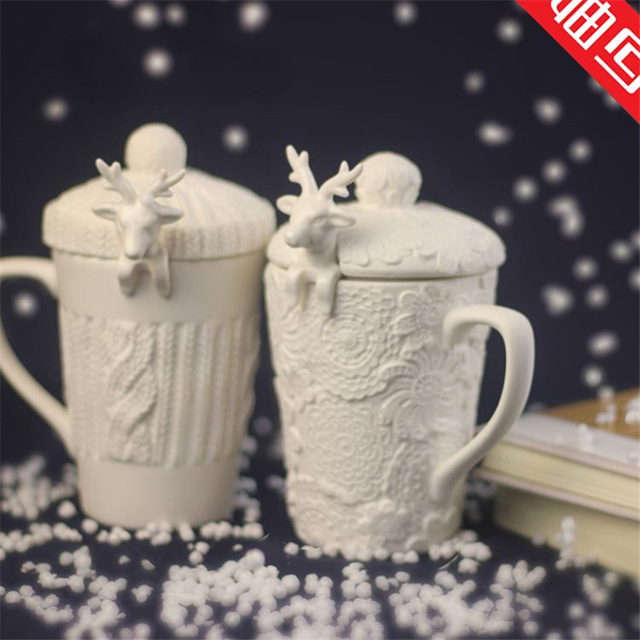 Jul krus 3d amimal par kopper med lokk søt milu hjort kaffekopp melk kopper snø keramisk krus frokost kopp