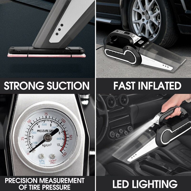 4 in 1 draagbare autostofzuiger met luchtcompressor en led-lampje 120w 4000pa nat- en droogzuiger