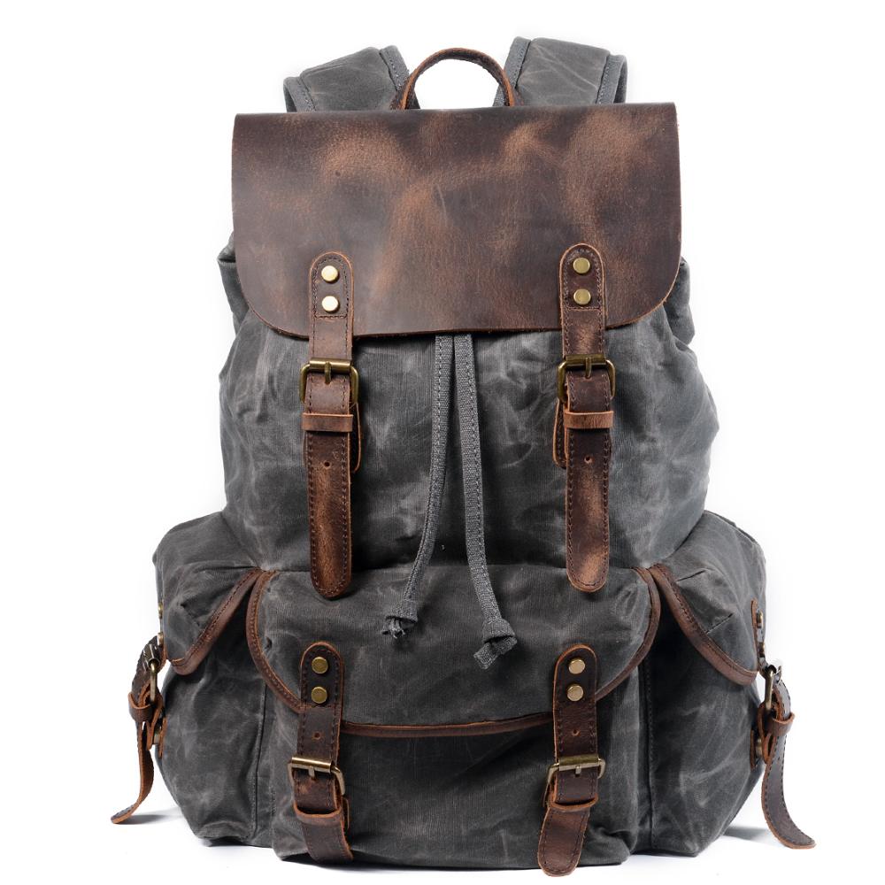 Mochilas de viaje enceradas al óleo para estudiantes de MUCHUAN, mochilas para portátiles impermeables de gran capacidad, mochilas de cuero de lona de algodón puro: Gris oscuro