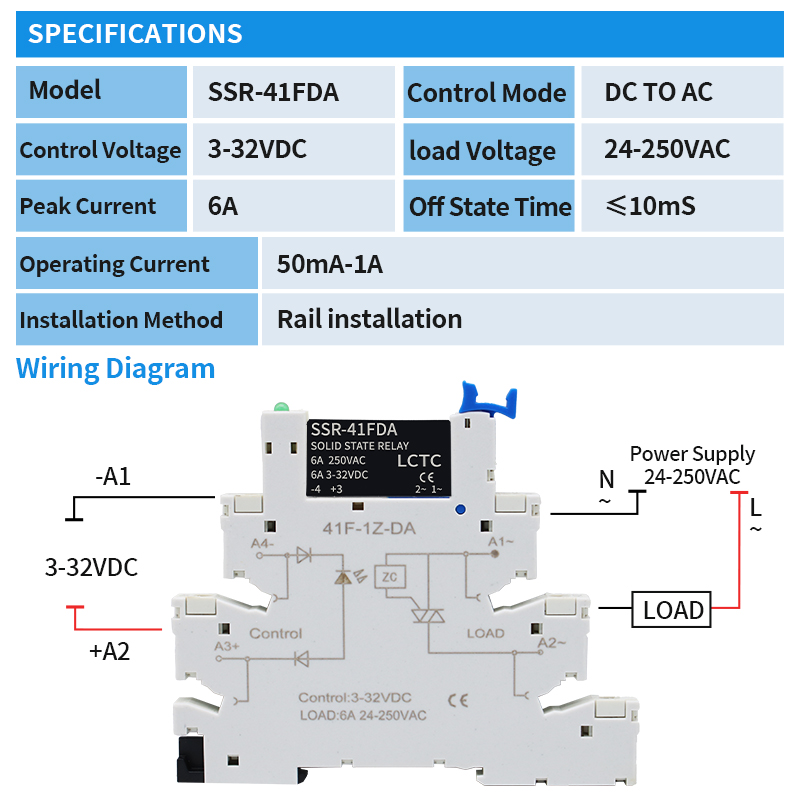 Lctc 10 stk. tyndt relæ ssr berøringsfri din-skinne terminal solid state relæmodul dc til ac dc til dc led 6a ssr -41 fda ssr -41 fdd
