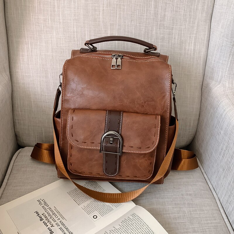 Luksus kvinder rygsæk vintage rejse pu læder rygsæk stor kapacitet bogtaske skoletasker til teenagepiger: Brun