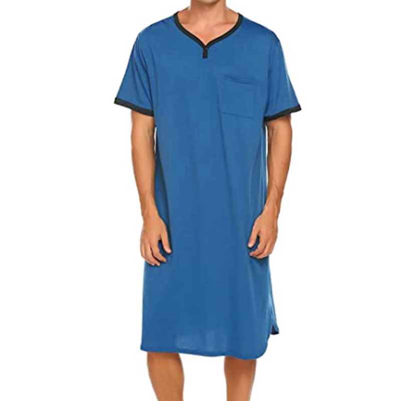 Pijamas de ocio alargados finos de manga corta para hombre, batas de algodón holgadas y amigables con la piel, albornoces para el hogar, camisón Vintage M-3XL: L / Azul