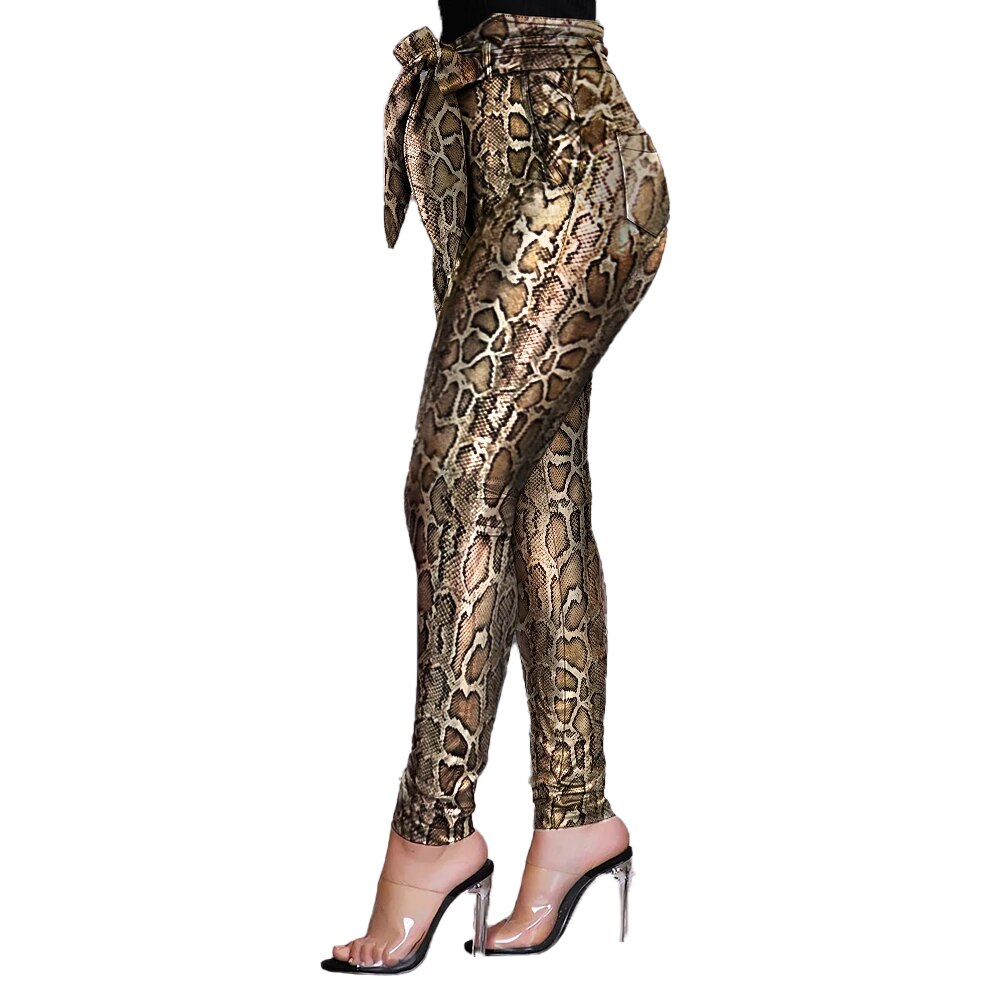 Goocheer kvinnor pu läder leggings hög midja rosett skärp kontor dam fritidsbyxor stretch smala pennbyxor: Mång / M
