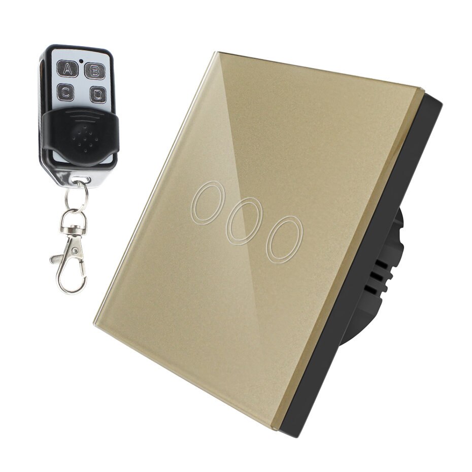 Interruptor táctil LED con 1/2/3 entradas, 220V, Sensor estándar para UE/RU, interruptor inalámbrico para lámpara de pared con Control remoto, Panel de vidrio templado de 433MHz: Gold 3 gang Remote