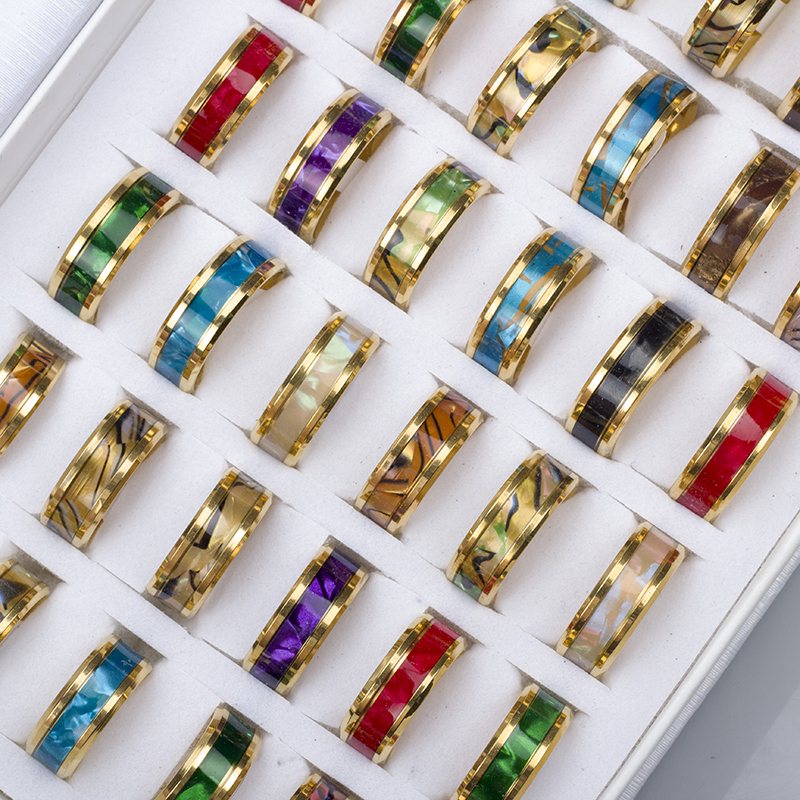 24 Stks/partij Mode Mousserende Multicolor Schelpen Rvs Ringen Voor Vrouwen Mannen Mix Stijl Bruiloft Partij Vinger Sieraden