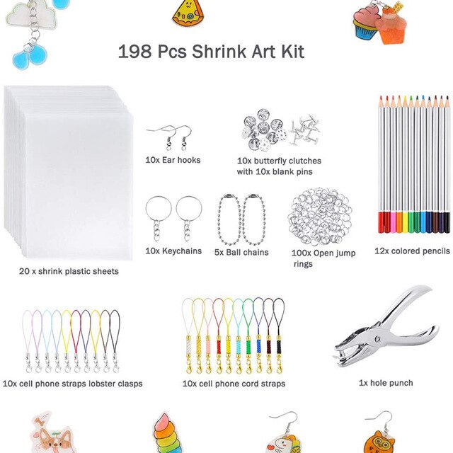 198Pcs Shrinky Plastic Vel Kit Krimpkous Vel Art Papier Perforator Sleutelhangers Potloden Tekening Supply Charmes Maker: 198pcs