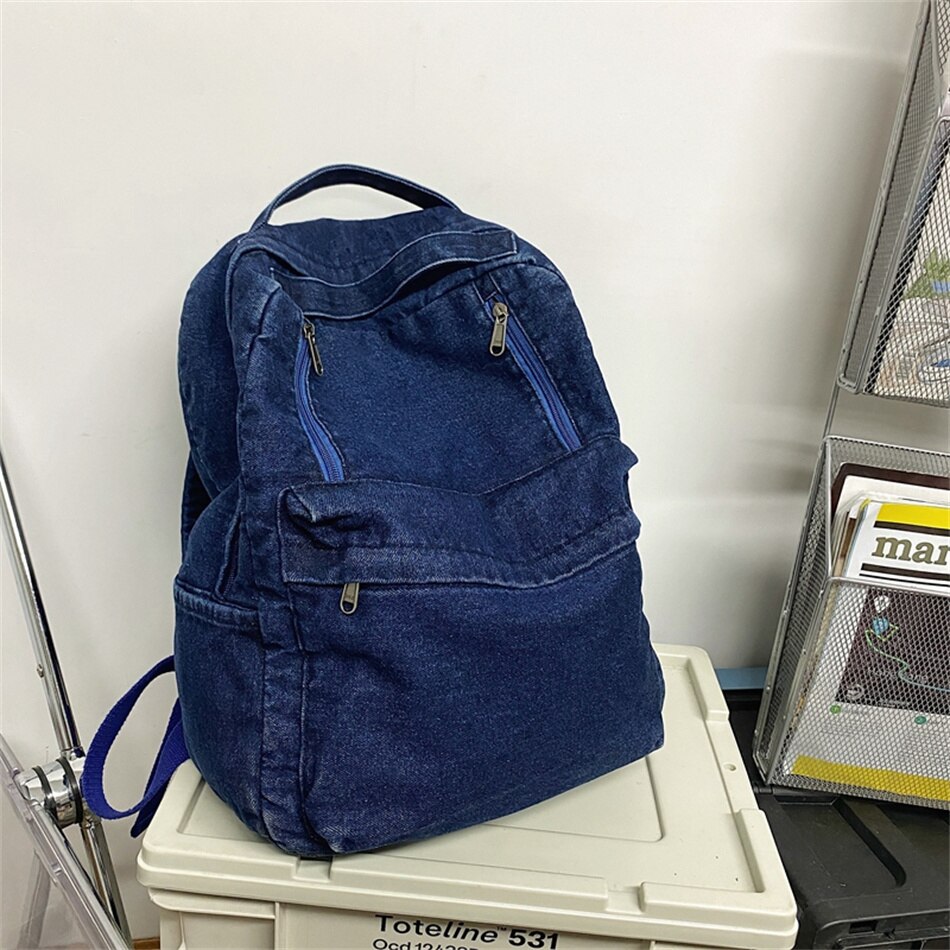 Denim Vrouwen Rugzak Retro Reizen Rugzak Grote Capaciteit Backbag College Student Schooltassen Voor Tiener Meisjes Rugtas Schouder: Deep Blue