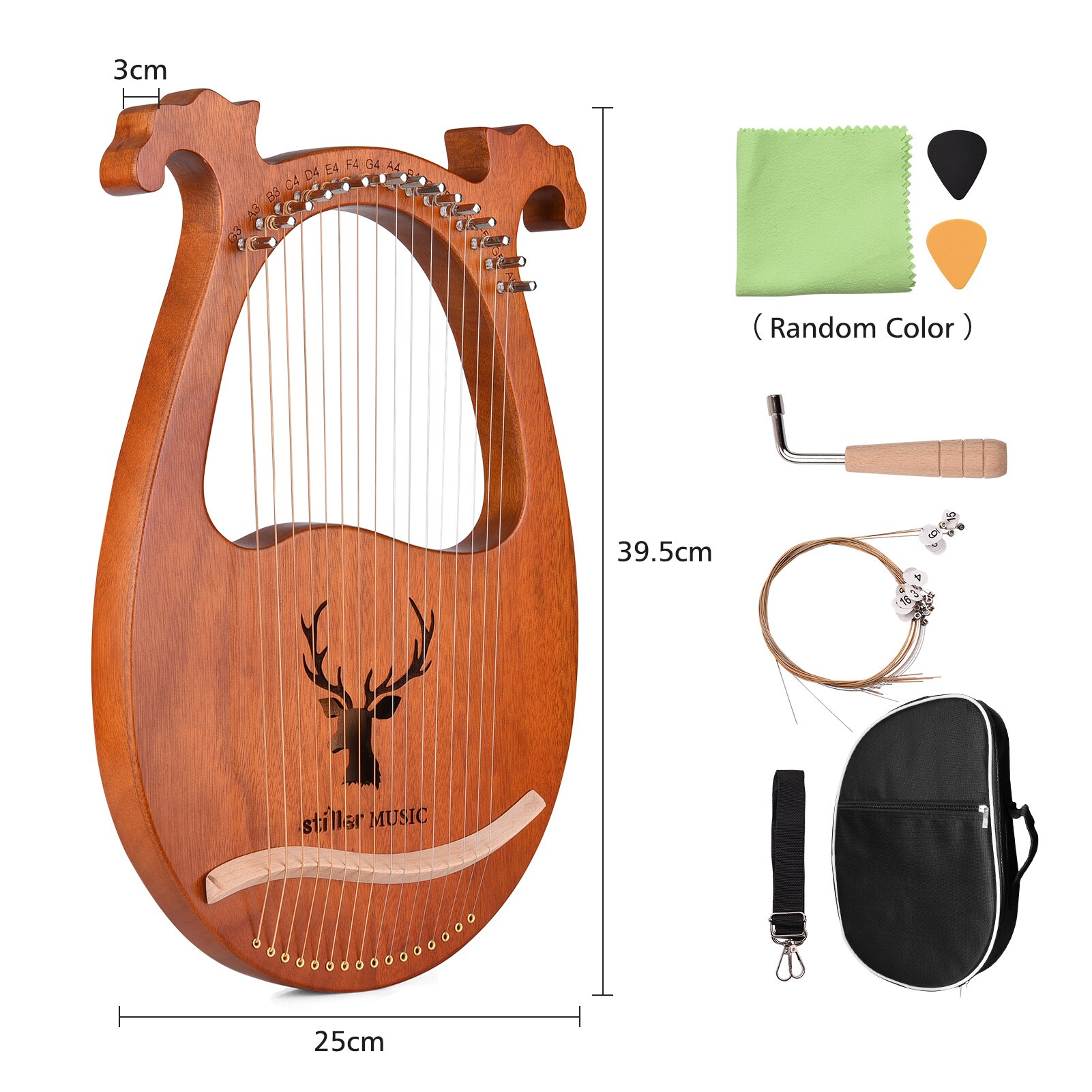 ammoon 16 String Lyre Harp Solid Wood String Instrument with Elk Pattern Storage Bag Tuning Hammer Strings Cleaning Cloth Picks