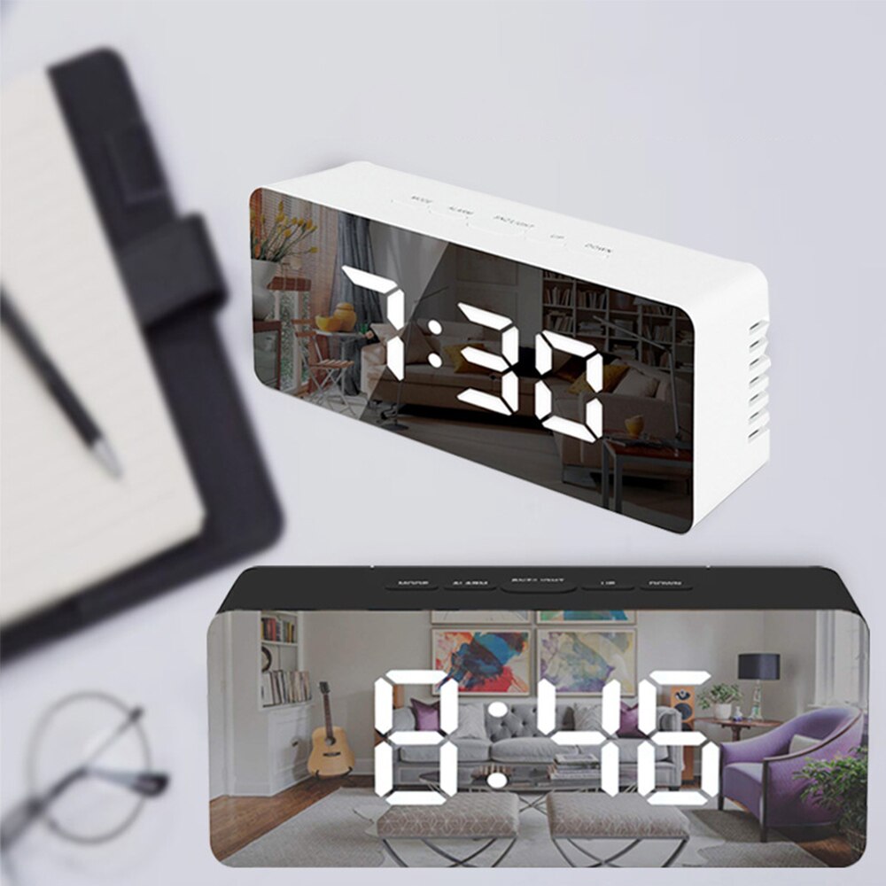 Spiegel Wecker LED Digital Anzeige Elektronische Zeit Temperatur Kalender Tisch Wecker USB Ladung Schüler Schreibtisch Uhren