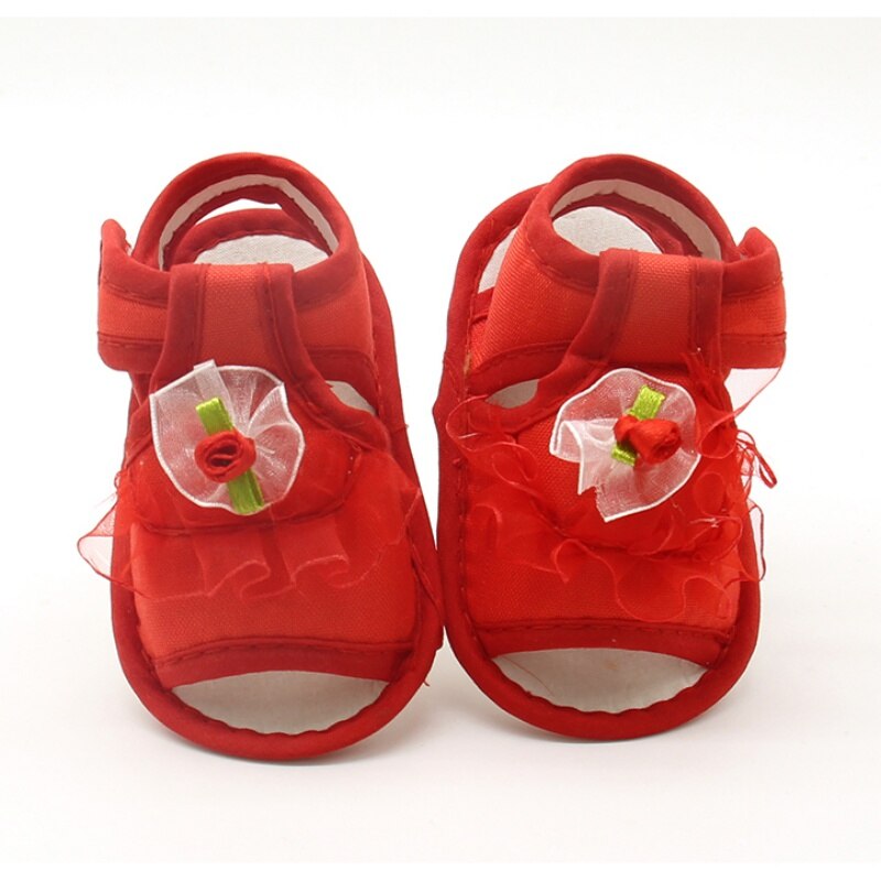 Pink White Red Baby Girl Lace Flowers Sandals Cotton Fabric Female Sandals Girl Summer ShoesFlowers Sandals: Red / 7-12 Months