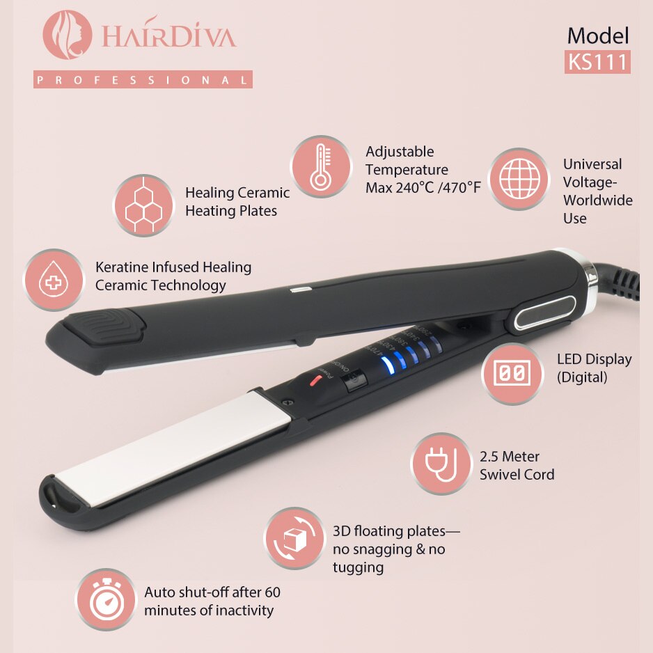 plancha de pelo con queratina 240C 470F, titanio , planchas de pelo Placas calefactoras nanocerámicas control digital de temperatura