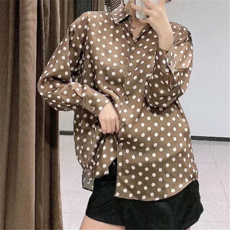 Aelegantmis Vintage Polka Dot Blouses Shirt Female Spring Long Sleeve Casual Women Dot Shirt Green Loose High Street Chic