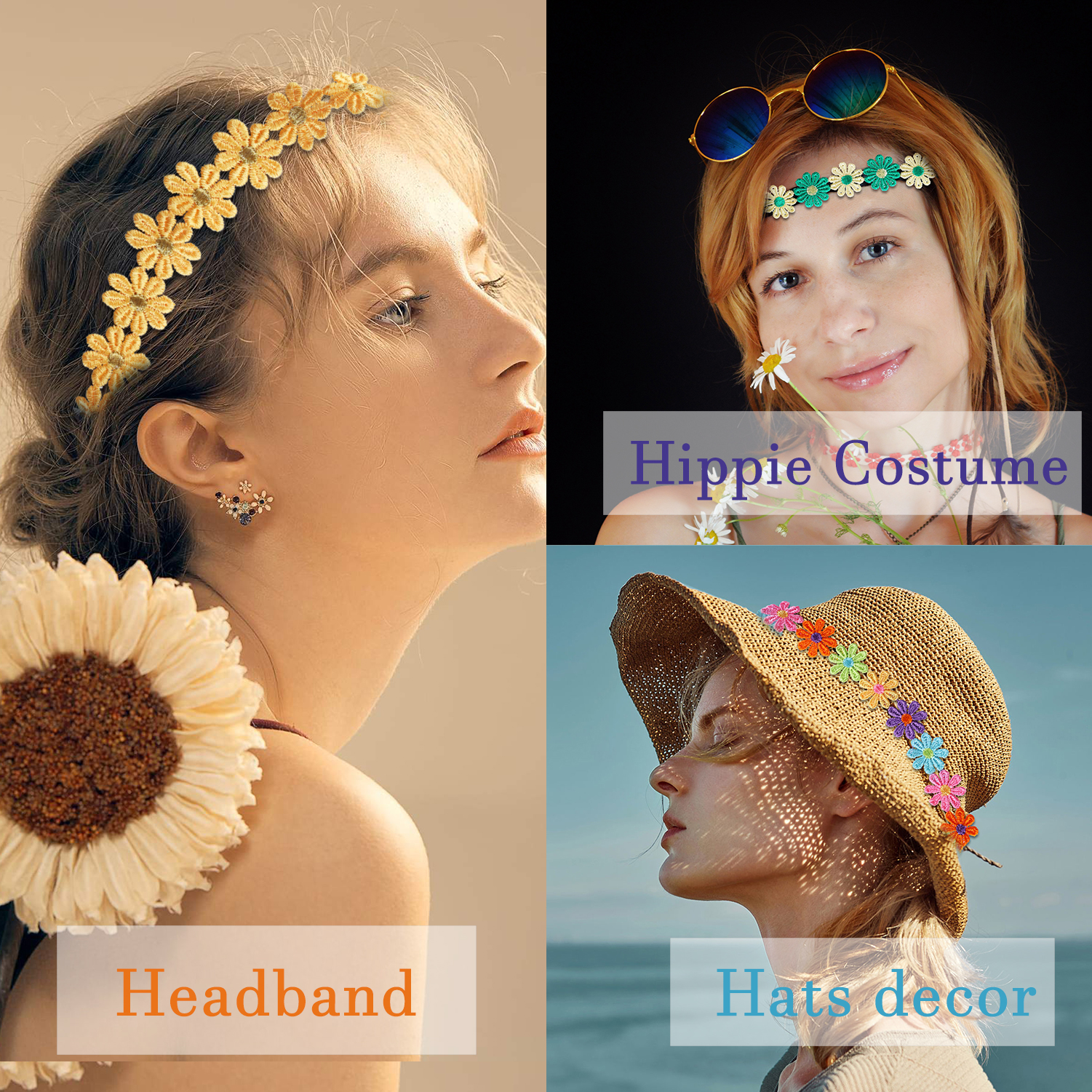Diadema de margaritas y flores, corona de girasol Hippies, corona para el pelo, tocado Floral bohemio para de festivales de boda y turismo de primavera