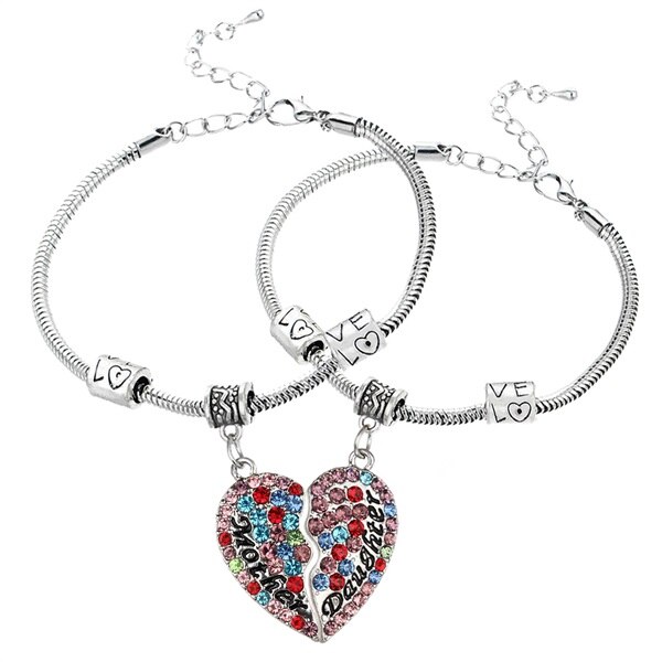 2PC Clear Color Red Pink Blue Crystal Rhinestone Heart Mother Daughter Bangle Bracelets Mom Mommy Girls Women Family Party: 2PC Color