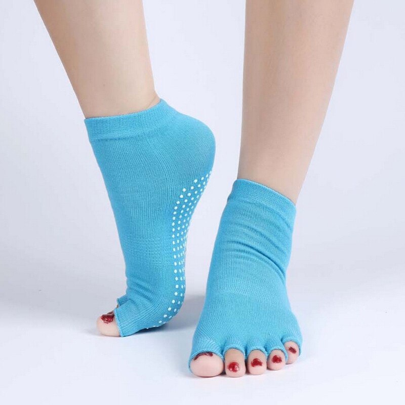 6 Color Durable Open Half Five Fingers Cotton Yoga Socks Half Toe Yoga Socks Non-Slip Peep Toe Anti-Slip Pilates Ankle Grip: Blue