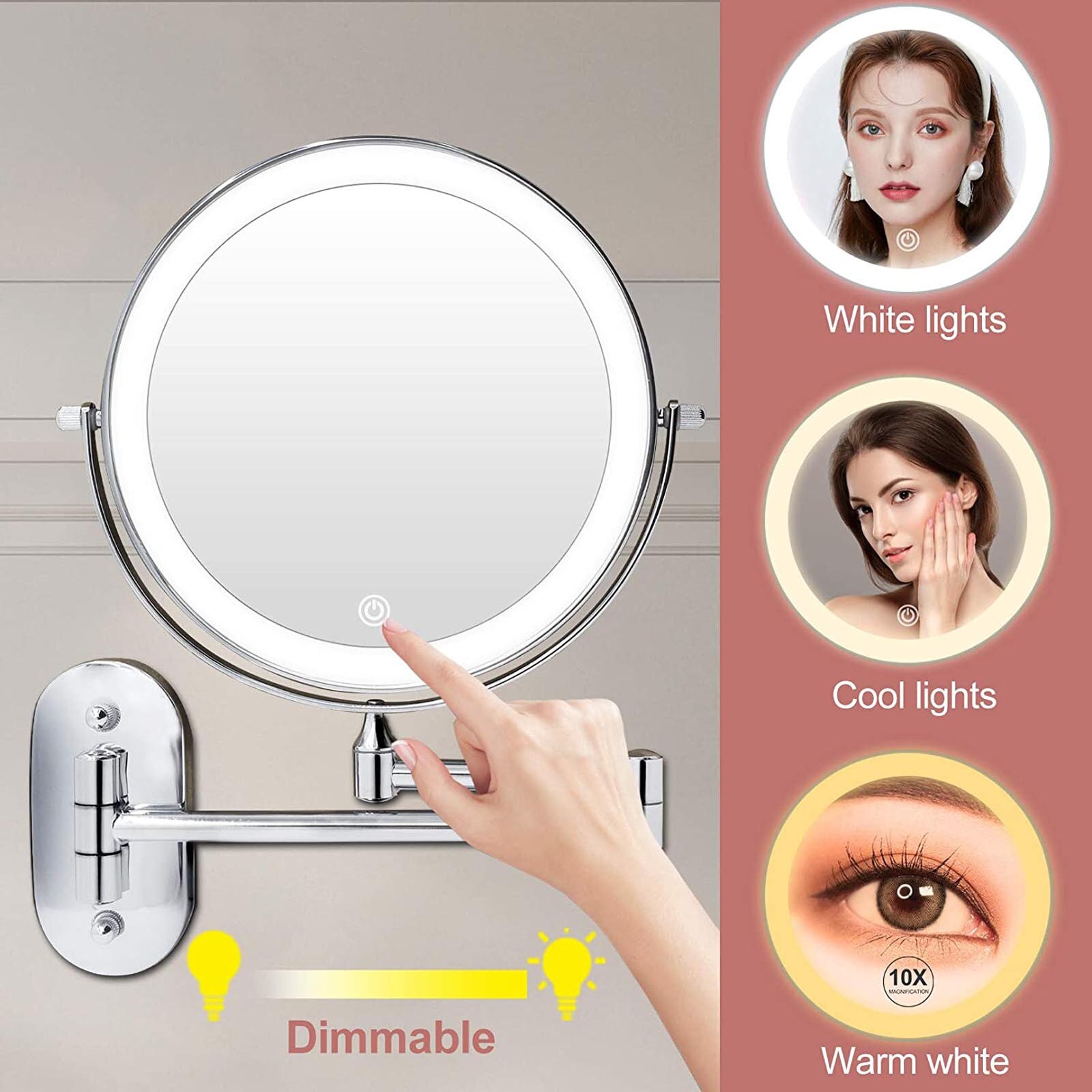 LED Wall Mounted 360° Swivel Mirror with 3 Lights and 1X 10X Magnification QW