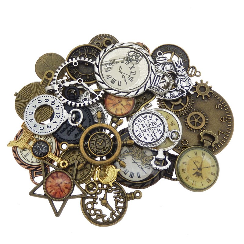 Julie Wang 20PCS Alloy Clock Watch Face Charm Steampunk Bracelet Necklace Pendant Bronze Silver Color Jewelry Making Accessory: Default Title