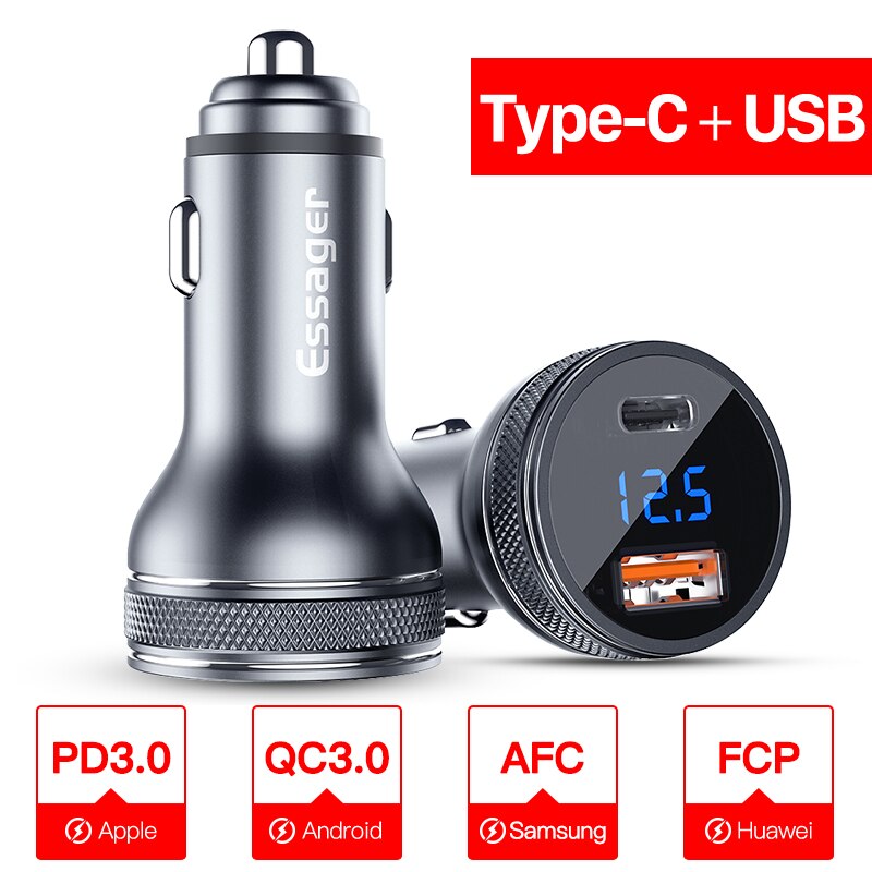 Essager Mini USB Auto Ladegerät Schnell Ladung 3,0 Schnelle Ladung Ladegerät Für iPhone Xiaomi Auto Typ C QC PD 3,0 praktisch Ladegerät: Typ C USB grau