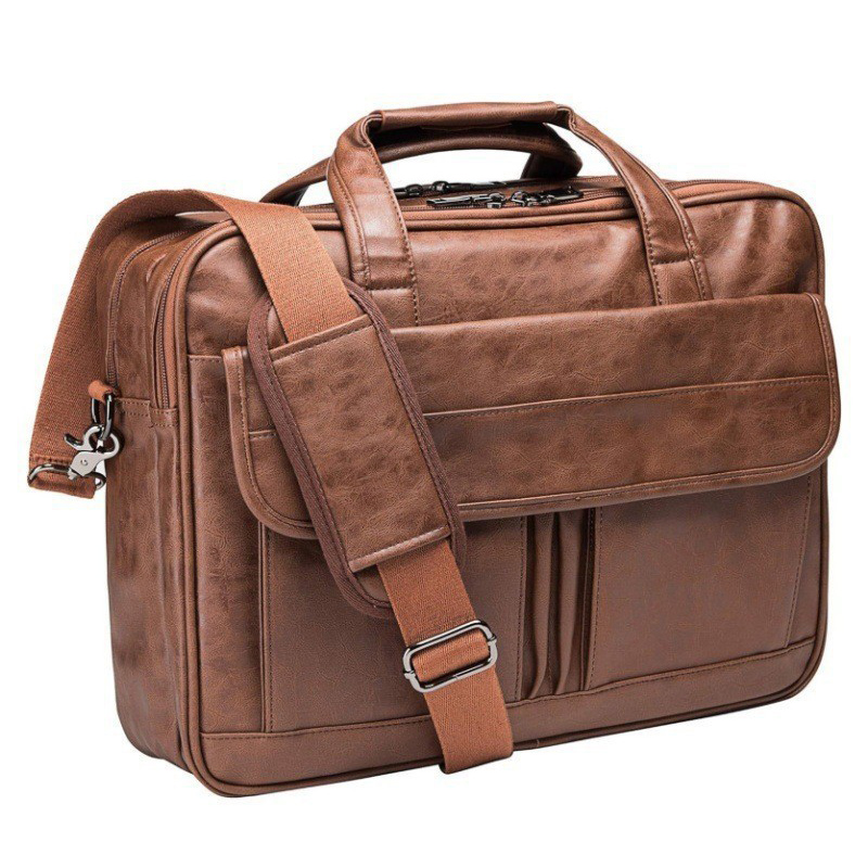 Men's Business Briefcase Multifunction 16 Inch Laptop Bag PU Retro Messenger Shoulder Pack Large Capacity Office Crossbody Bags: Brown