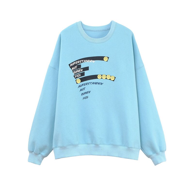 F426 Smile Face Cotton Fleece Hoodies Sweatshirt Sky blue Thick Velvet Fabrics Street Hoodies Unisex Loose Fit Clothing: L