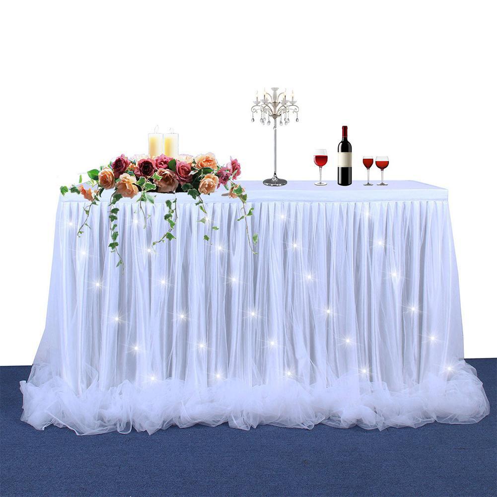 Thread Ribbon Table Skirt with LED Light for Wedding Party Decoration: 14FT x 30in / White