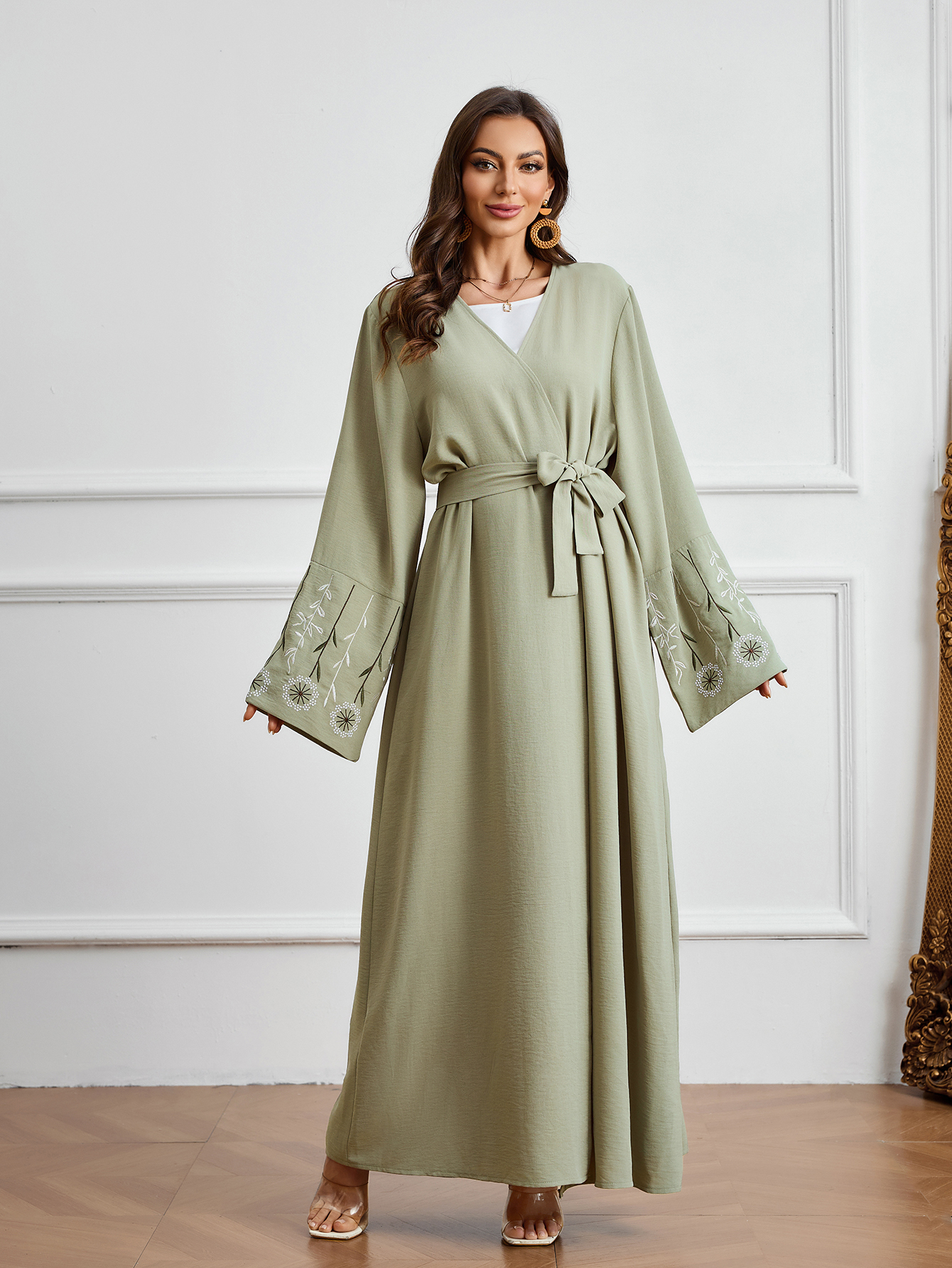 2025 Abaya vestido largo musulmán Ramadán ropa de oración bordado albaricoque suelto manga larga cintura atada vestido árabe: Verde