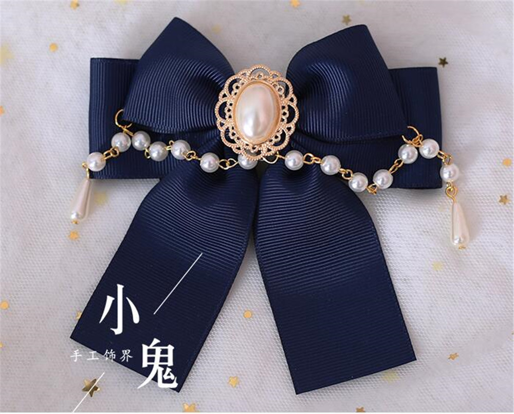 Lolita-épingle à cheveux en chaîne en perles pour femmes, accessoires pour cheveux, Cosplay, avec nœud papillon, Kawaii, accessoires pour cheveux, pince latérale B500: dark blue