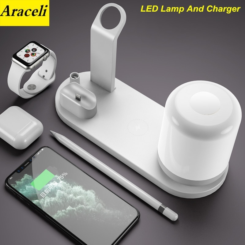 Araceli Snelle Draadloze Oplader Dock Voor Iphone 12 Pro Max Voor Apple Horloge Iwatch 1 2 3 4 5 Airpods charger Houder Met Led Lamp