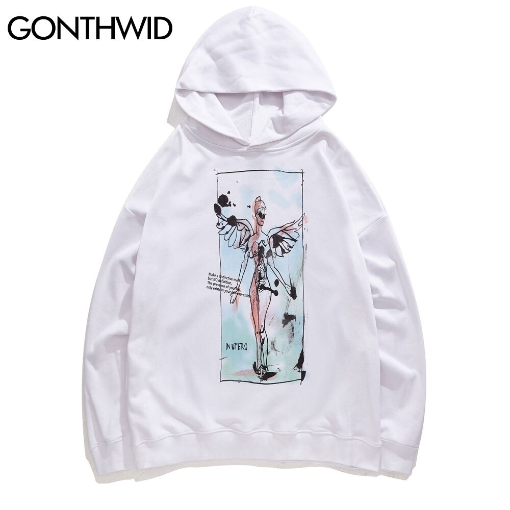 GONTHWID Graffiti Wings Angel Print Fleece Hoodies Sweatshirts Streetwear Hip Hop Casual Loose Hooded Tops Mens Outwear