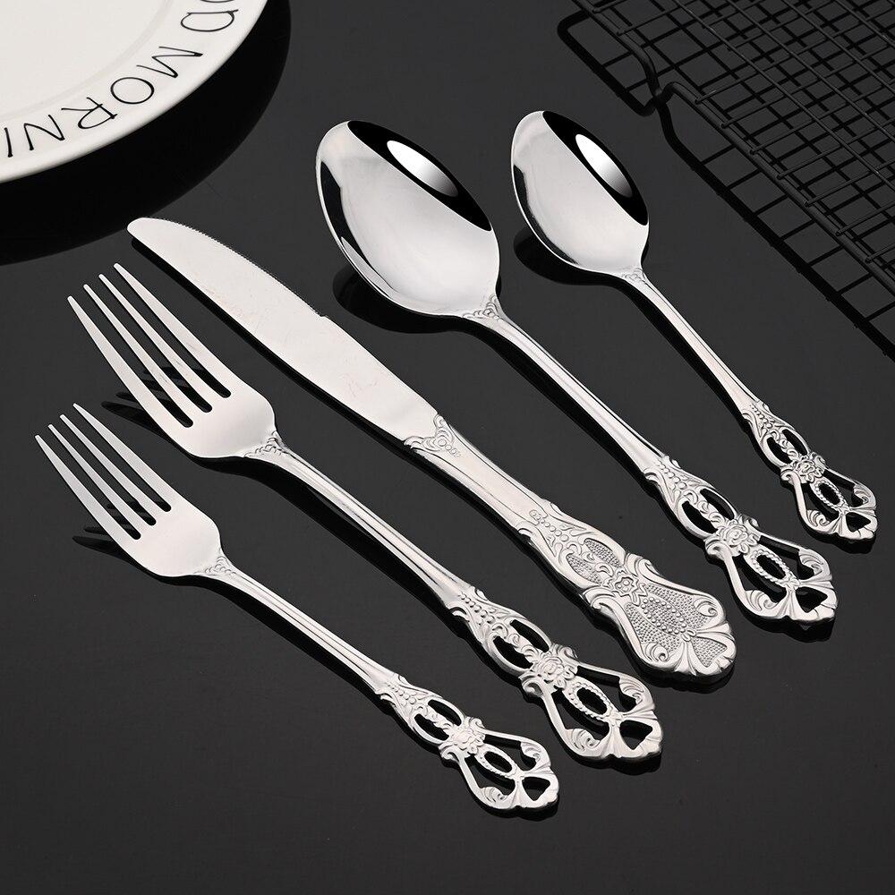 6-24pcs Luxury Wedding Silverware set Silver Dinnerware Knife Fork Tea Spoon Retro Kitchen Flatware Tableware Cutlery Rack Set